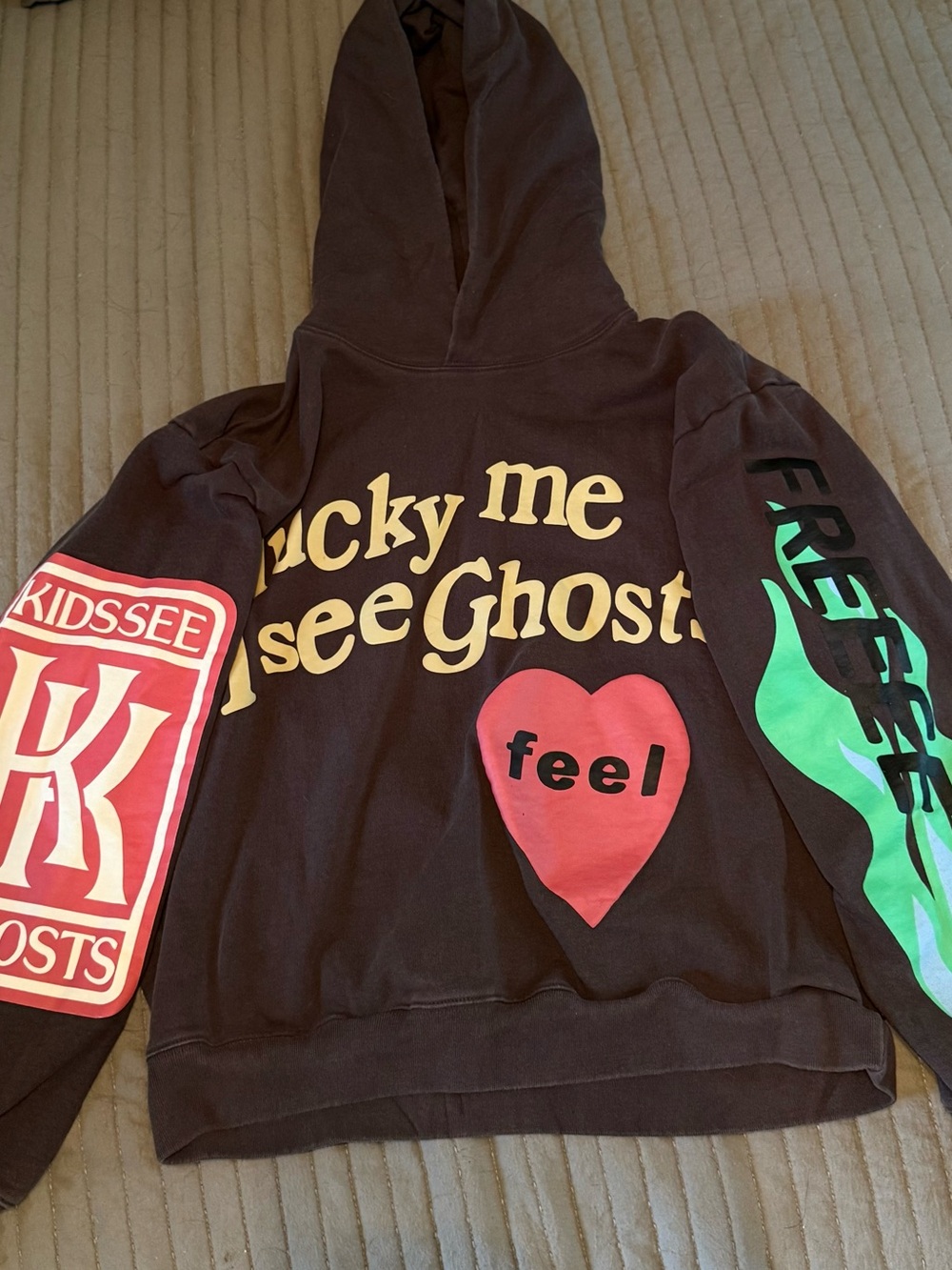 Graphic Brown Hoodie with Heart and Sleeve Prints